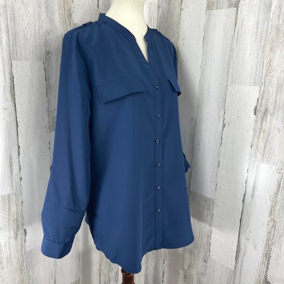 Elementz Women's Blue V Neck Long Sleeve Button Up Shirt Top Blouse Sz L - Picture 3 of 10